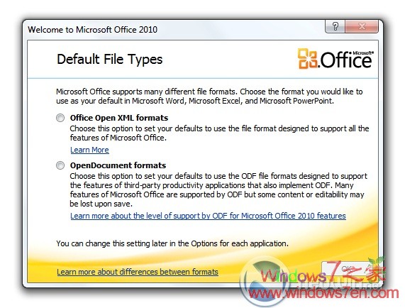 截图显示Office 2010支持OOXML或ODF格式
