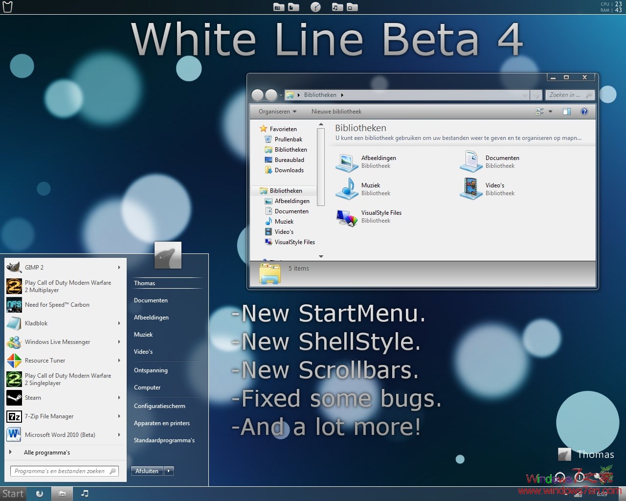 Windows7简洁蓝色主题 White Line Beta 4