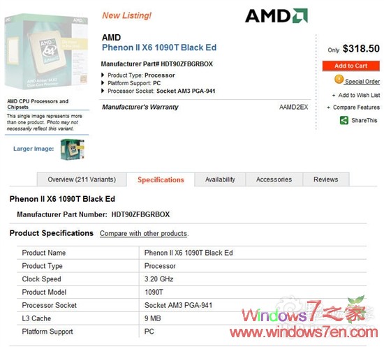 AMD六核处理器Phenom II X6接受预订 售318美元