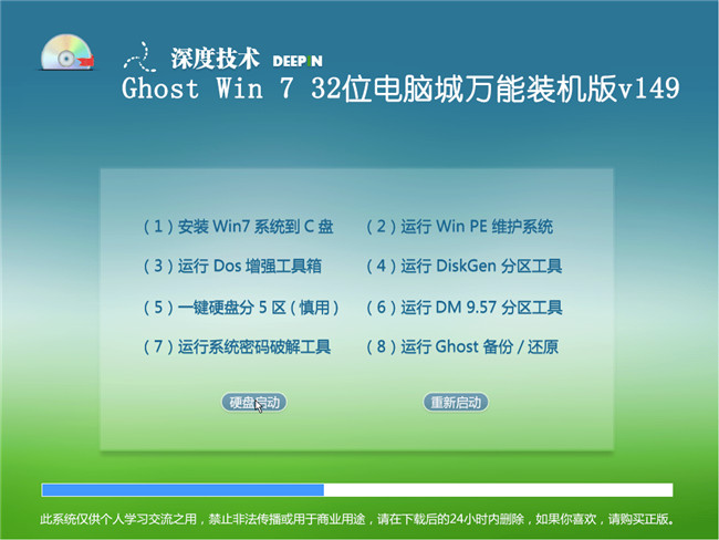 深度技术Ghost_Win7 32位2014.9自动激活电脑城万能版菜单选择截图